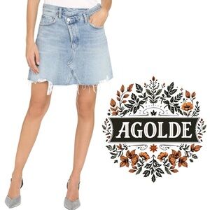 AGOLDE 90’s Criss Cross Denim Mini Skirt Button Fly Raw Hem Sz 27 CBK